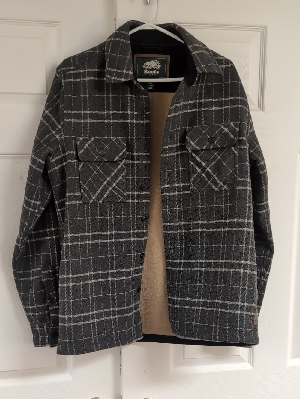 Roots Men's Gray Plaid Shirt Jacket with Tan Lining